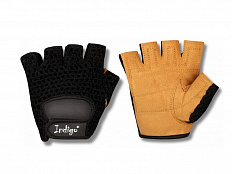 Перчатки для фитнеса Indigo кожа+сетка черный-коричневый р.M