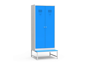 Двухсекционный стальной шкаф со скамьёй для спортзала