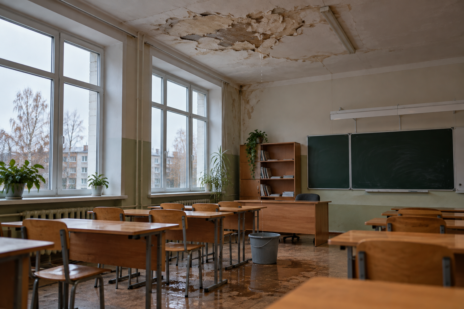 Пятно протечки на потолке учебного класса