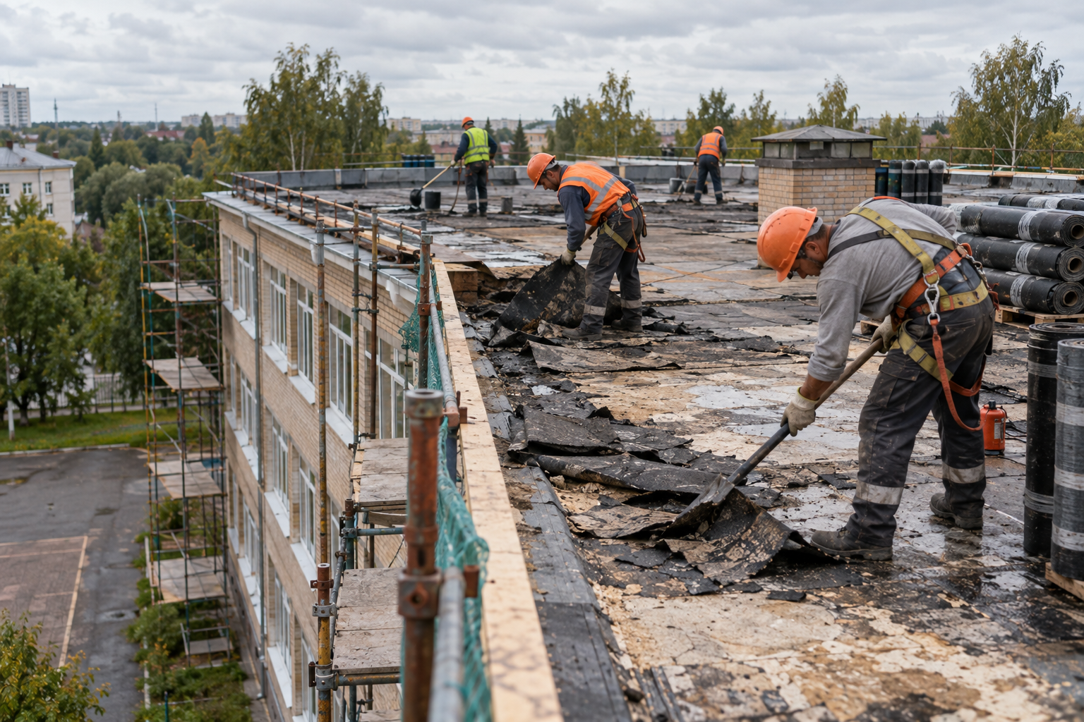 Рабочие снимают старое покрытие с крыши корпуса