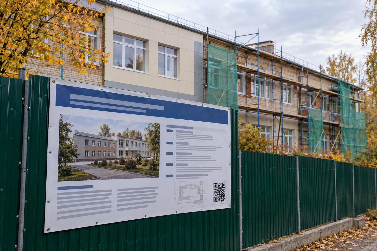 Информационный щит с QR-кодом у ограждения стройки
