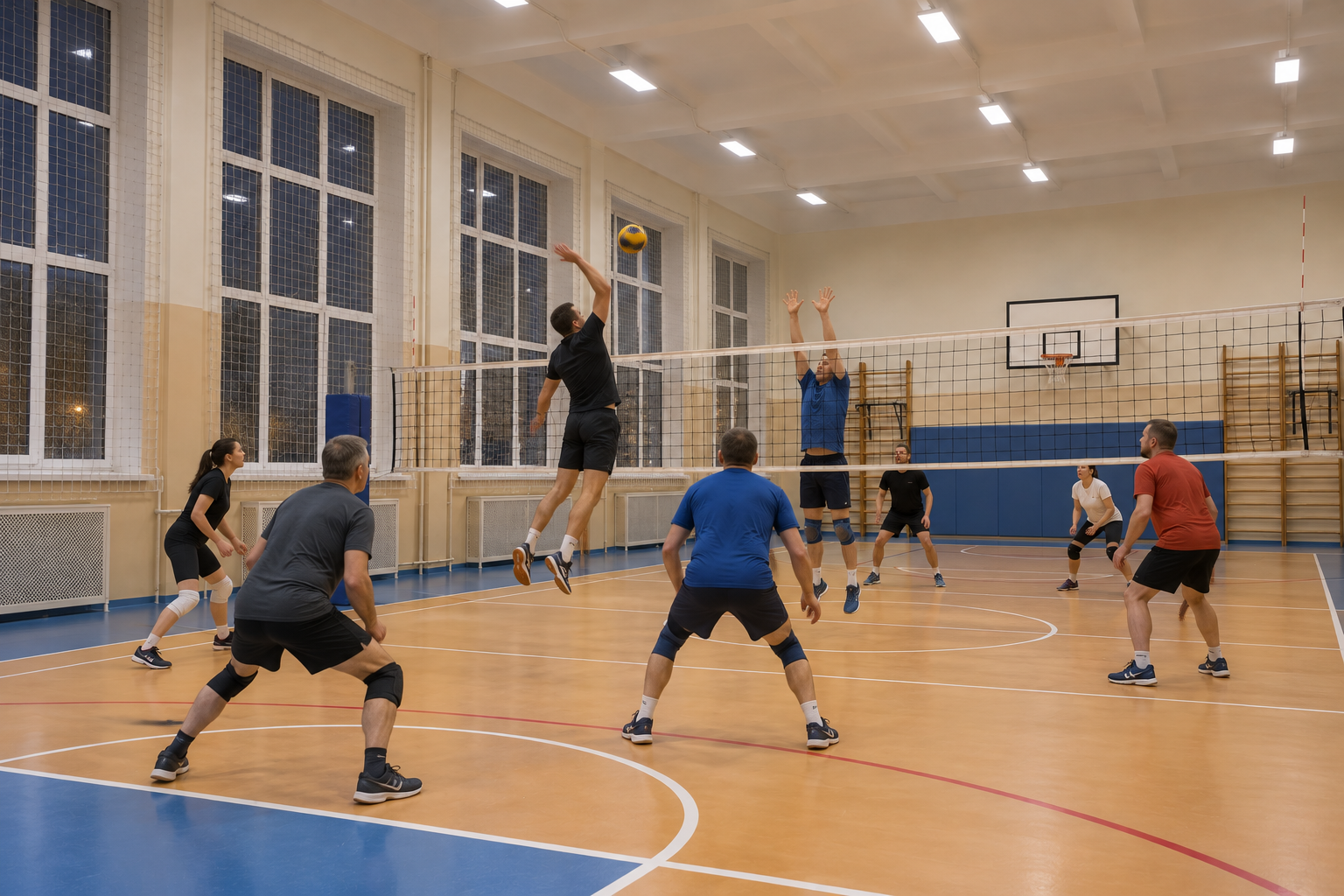 Взрослые играют в волейбол в зале вечером