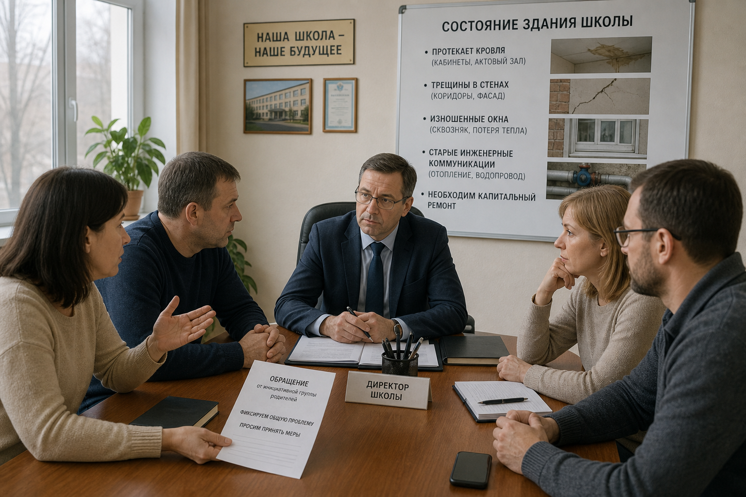 Родители обсуждают состояние здания школы с директором