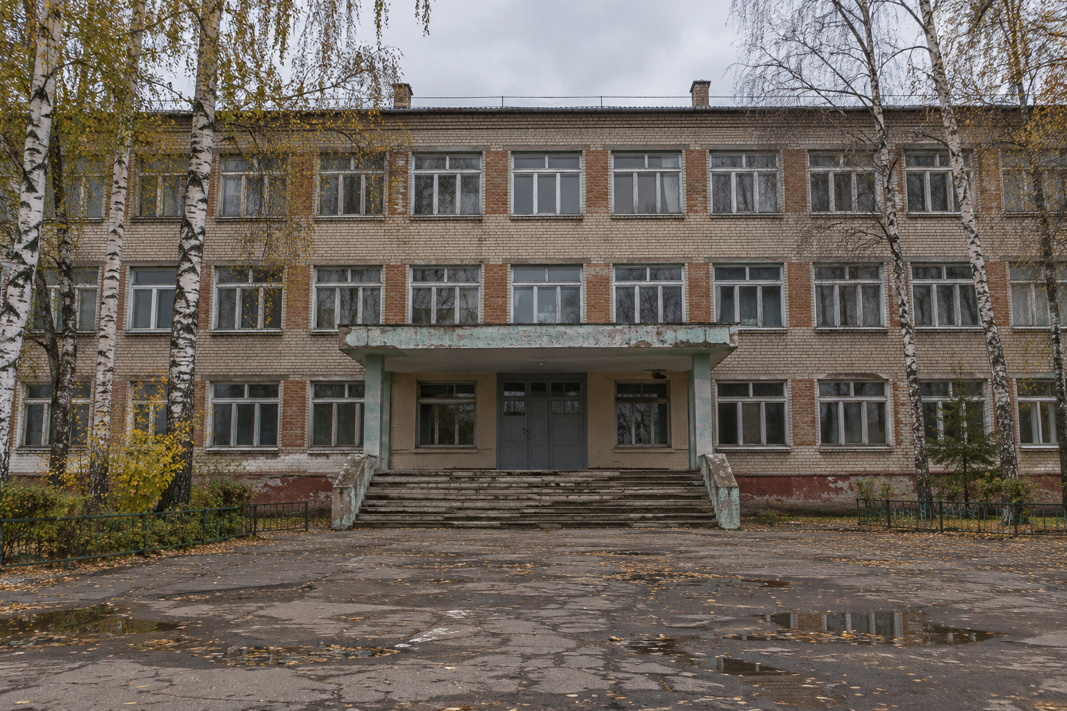 Фасад типовой трёхэтажной школы из кирпича