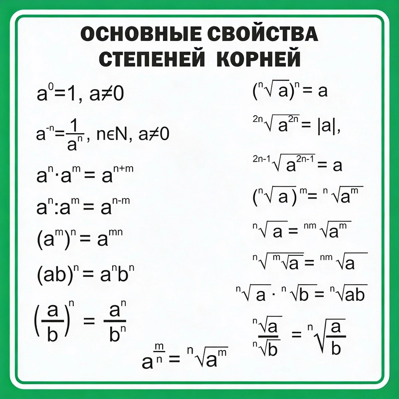 Стенд Основные свойства степеней корней