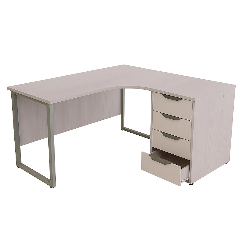 Стол офисный угловой на О-образном каркасе с приставной тумбой 4 ящика