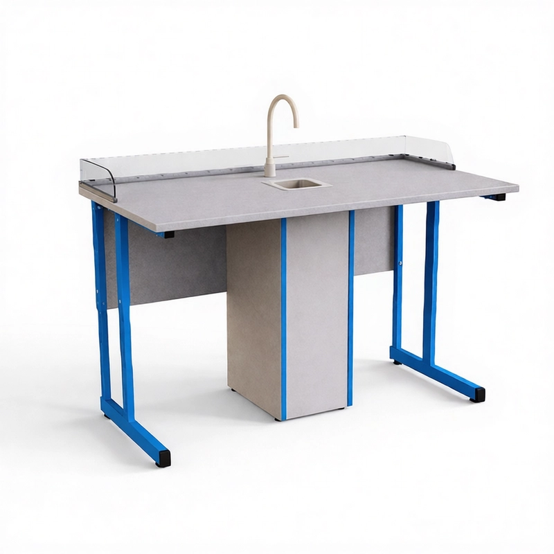 Стол ученический прямоугольная труба с сантехникой и бортом Оргстекло