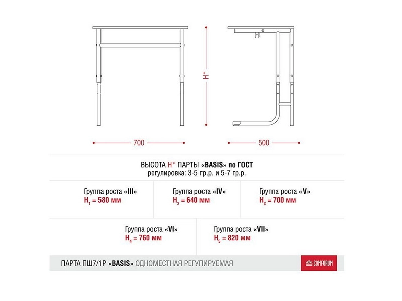 Парта Basis одноместная с регулировкой высоты