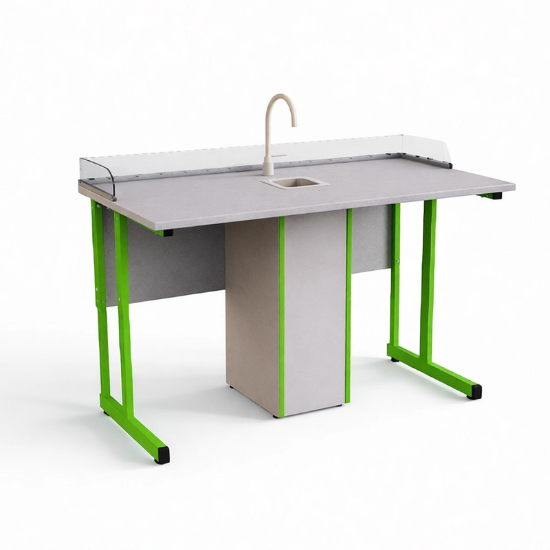 Стол ученический прямоугольная труба с сантехникой и бортом Оргстекло