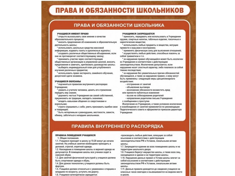 Стенд Права и обязанности школьников 90х120 см