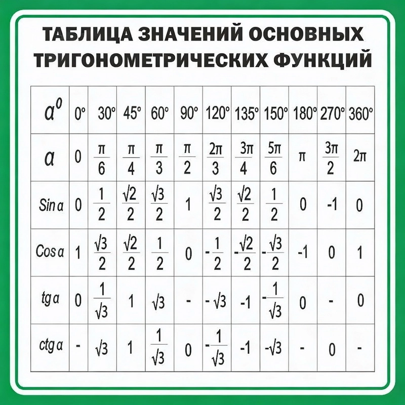 Стенд «Таблица значений основных тригонометрических функций» (100х100 см)