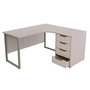Стол офисный угловой на О-образном каркасе с приставной тумбой 4 ящика