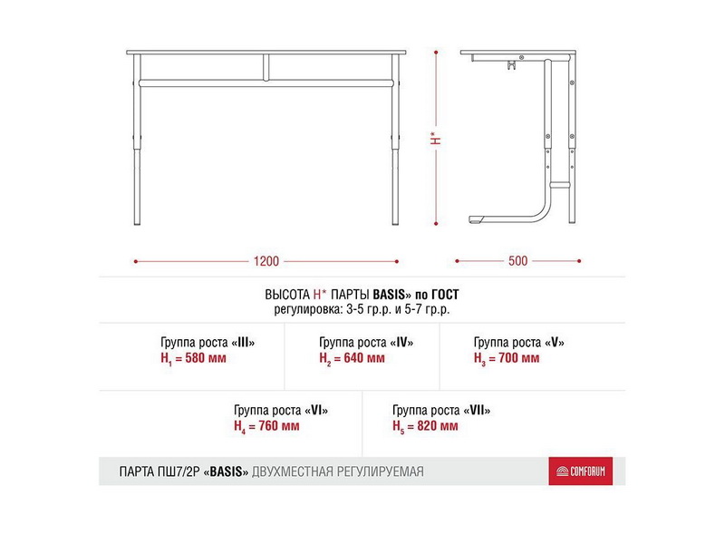 Двухместная парта Basis, регулируемая по росту (цвет в ассортименте)