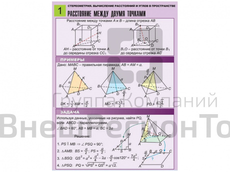 Комплект таблиц по геометрии Стереометрия. Вычисление расстояний и углов в пространстве, 8 таблиц, А.