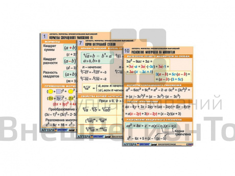 Комплект таблиц по алгебре Алгебра. Формулы. Преобразования выражений, 10 таблиц, А1.