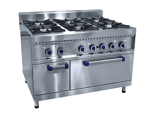 Плита газовая на подставке, нерж.ст., 6 горелок, духовка, 1200 x 899 x 944 мм