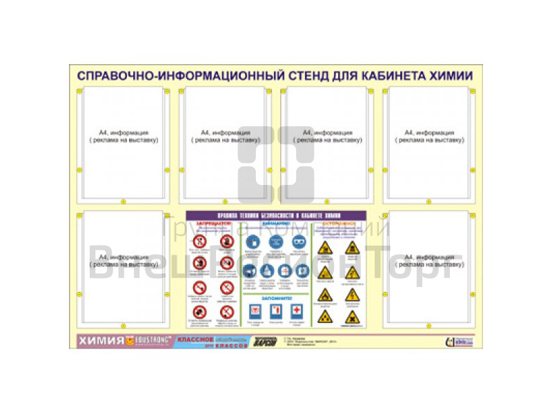 Стенд "Правила техники безопасности в кабинете химии", 4 кармана.