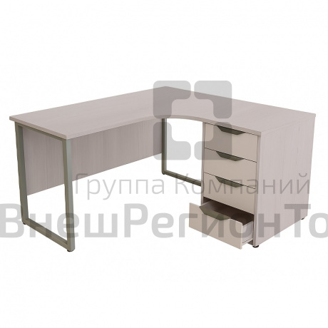 Стол офисный угловой на О-образном каркасе с приставной тумбой 4 ящика.