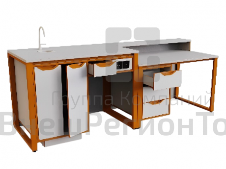 Стол демонстрационный на м/каркасе для кабинета химии/биологии с розетками и сантехникой, ЛДСП 16мм.