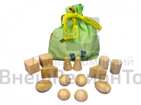 Геометрический сенсорный мешочек из 12 деревянных геометрических тел.