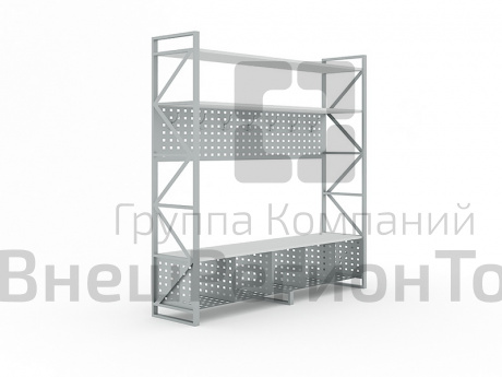 Вешалка односторонняя с открытой тумбой с перфорированными полками.