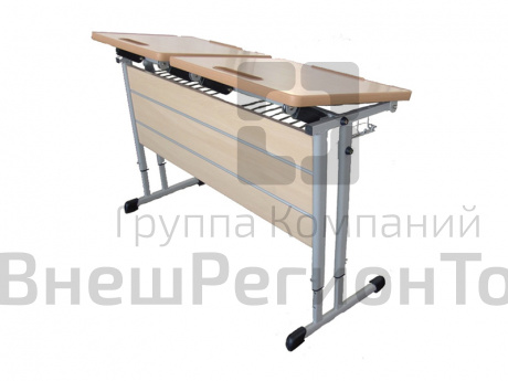 Стол ученический двухместный с двумя наклоняемыми столешницами на плоскоовальной трубе.