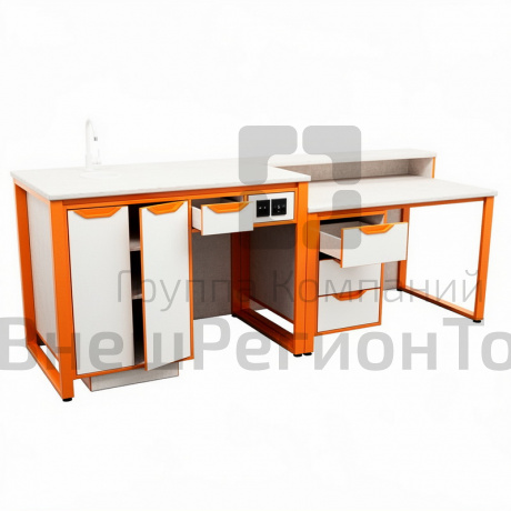 Стол демонстрационный на м/каркасе для кабинета химии/биологии с розетками и сантехникой, ЛДСП 16мм.