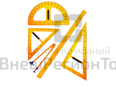 Набор для школьной доски, 5 предметов: 2 треугольника, 1 транспортир, 1 циркуль, 1 линейка.