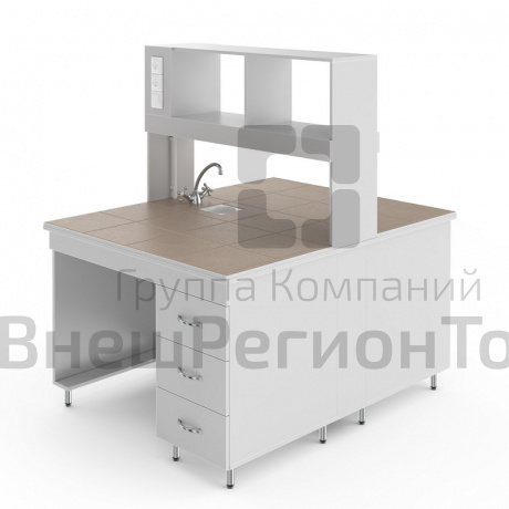 Лабораторный островной стол (двухсторонний, с защитным, химостойким и термостойким покрытием, надстольем, с подсветкой и электрическими розетками).