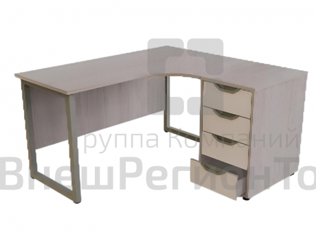 Стол офисный угловой на О-образном каркасе с приставной тумбой 4 ящика.