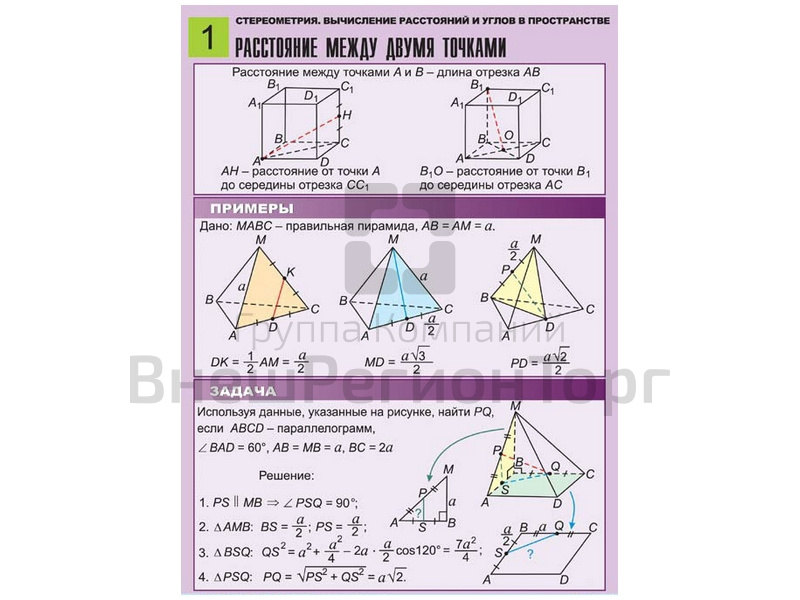 Комплект таблиц по геометрии Стереометрия. Вычисление расстояний и углов в пространстве, 8 таблиц, А.