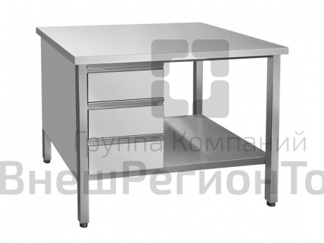 Стол с тумбой островной, нерж.ст., 3 ящика + полка, 1000x702x860 мм.