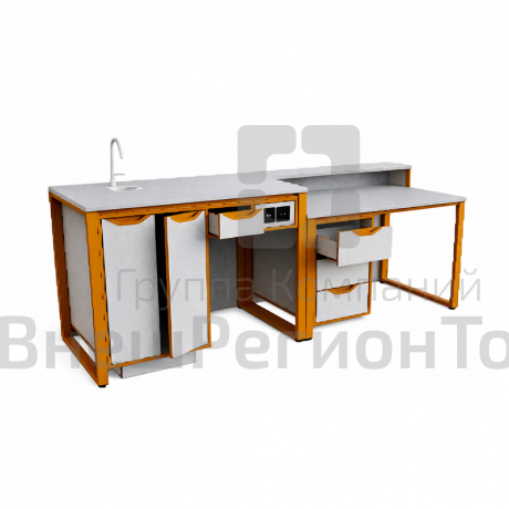 Стол демонстрационный на м/каркасе для кабинета химии/биологии с сантехникой и розетками, ЛДСП 26мм.