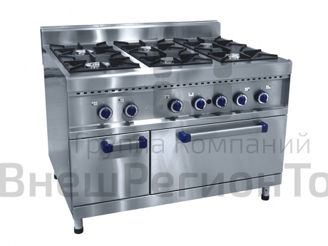 Плита газовая на подставке, нерж.ст., 6 горелок, духовка, 1200 x 899 x 944 мм.